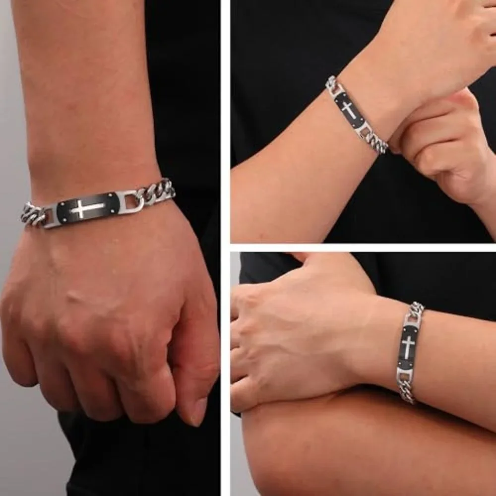 Stainless Steel Cross Bracelet for Boys, 8 Inches, Christian Jewelry